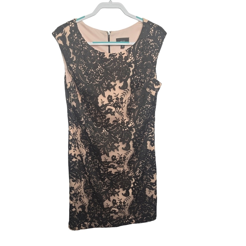 Vera Wang Sheath Dress Womens 14 Pink Black Floral Lace Overlay Cocktail Wedding